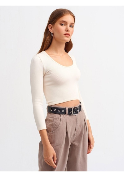 Dilvin 3529 Havuz Yaka Uzun Kollu Crop Top-natural-242 Natural