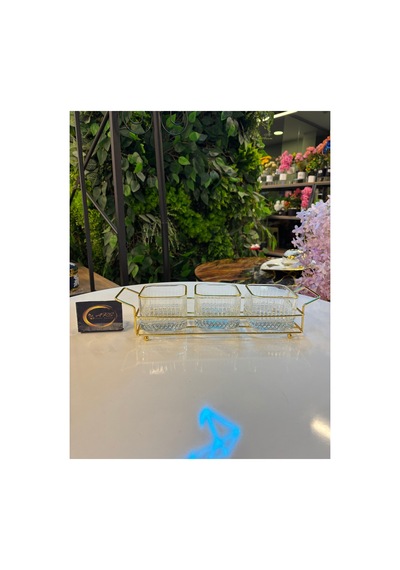 Ars Paşabahçe Elysia Yaldızlı Kare Kase Metal Gold Standlı 3'lü Çerezlik,şekerlik,sunumluk,tabak