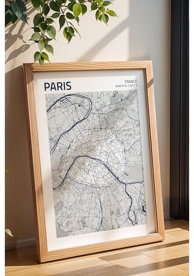 Paris Fransa France Haritası Çerçeveli Tablo Lüks Salon Ofis Duvar Dekorasyonu Hediyelik Tablo Kayın