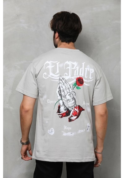 Erkek Kısa Kol Yazlık Tişört Bisiklet Yaka Baskılı Oversize T-shirt - Gri