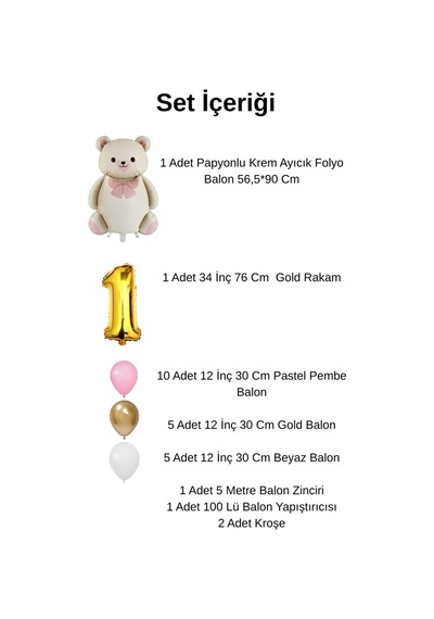 0 Yaş Retro Papyonlu Folyo Krem Ayıcık Pembe Gold Beyaz Balon Gold Rakam Doğum Günü Kutlaması Altın - Krem