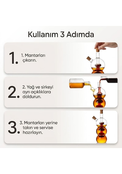Borosilikat Cam Yağlık Ve Sirkelik 320 Ml, Çift Hazneli 2 Si 1 Arada Şişe, Mantar Tıpalı Şeffaf Boğumlu Model, Yağ Ve Sirkeyi Ayrı Saklama Çok Renkli