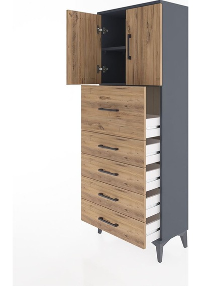 Arges Dolap 2 Raflı 5 Çekmeceli 2 Kapaklı 60x30x163 Antrasit-çam Antrasit