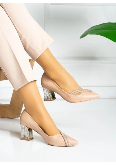 Feles Çift Şerit Stiletto Kadın Topuklu Ayakkabı Ten