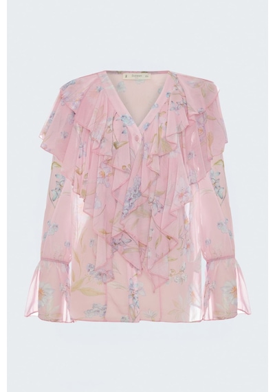 Sateen Fırfır Detaylı Desenli Gömlek - Pembe-137787