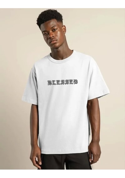 Unisex Bisiklet Yaka Oversize Baskılı T-shirt - Beyaz Beyaz