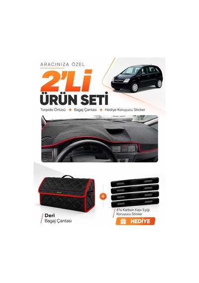 Opel Meriva A 2003-2010 Uyumlu Torpido Örtüsü + Deri Bagaj Çantası + Sticker Seti - Siyah Kırmızı