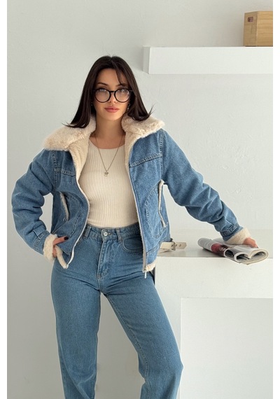 Kadın Kürk Astarlı Denim Ceket Sıcak & Sokak Stili Mavi