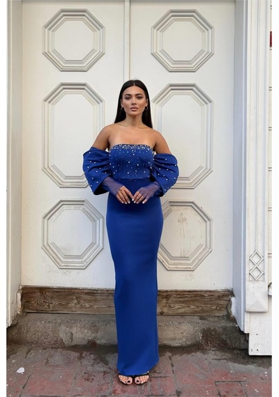 Lior Design Kadın İnce İşçilik Esnek Tül Kumaş Straplez Abiye Elbise Saks