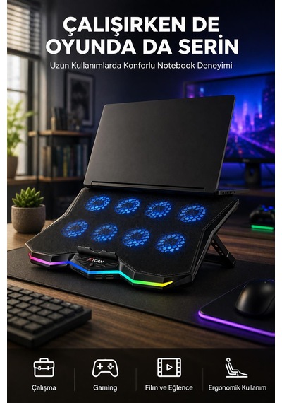 Torn Rgb Laptop Soğutucu 8 Fanlı Ayarlanabilir Standlı Notebook Soğutucu