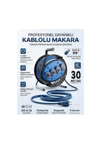Seyyar Kablo Makarası 3x2.5 Mm 30 Metre 4'lü Topraklı Priz Uzatma Kablosu 30 M
