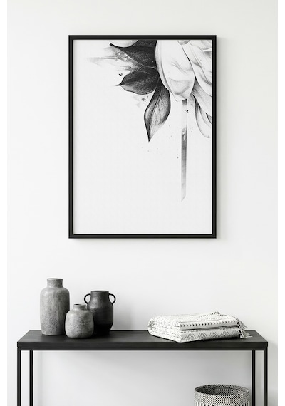 Doğal Ahşap Çerçeveli Minimal Siyah Beyaz Çiçek Desenli Tablo - Modern Tema Huhu1315
