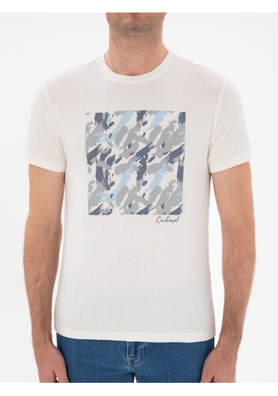 Beyaz Slim Fit Bisiklet Yaka Baskılı T-shirt
