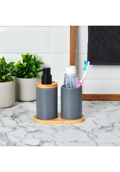 Bambu Standlı Seramik İkili Banyo Seti Gri