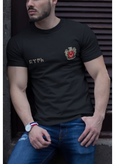 Türk Bozkurt Baskılı Bozkurt Sembolü Türkiye Ve Türk Bayrağı Kurt Regular Fit %100 Pamuk T-shirt Siyah