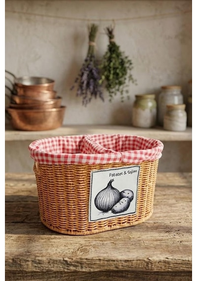 Atbyhome Oval Rattan Hasır Patates Soğan Çift Bölmeli Sepet Düzenleyici Organizer Kahverengi