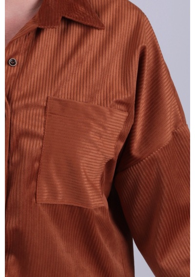Armonika Kadın Taba Cepli Oversize İnce Fitilli Kadife Gömlek Arm-24k001076