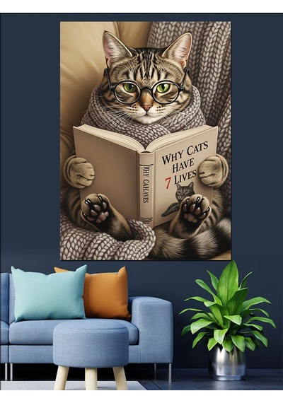 Ahşap Tablo Yatakta Kitap Okuyan Kedi