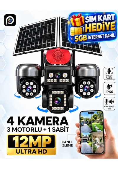 Ventus Sv459ıp 12mp 4 Kameralı 3 Motorlu +1 Sabit Sirenli Çift Solar Panel 20800mah Batarya
