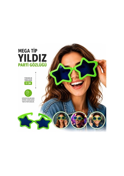 Mega Tip Yıldız Parti Gözlüğü Yeşil Renk Yetişkin