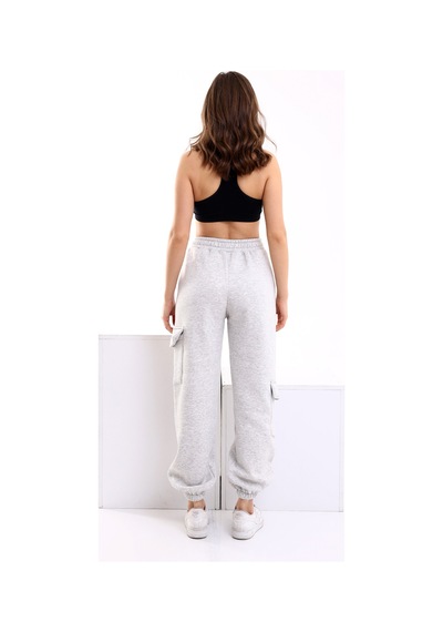 Winmoda34 Kadın Jogger Kalın 3 Iplik Yandan Cepli Kargo Eşofman Altı Gri