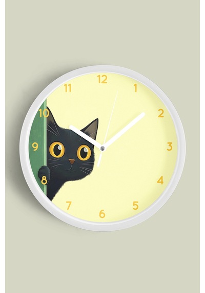 Sevimli Siyah Kedi Modern Duvar Saati - 35cm - Önü Camlı Beyaz Kasa - Sessiz Mekanizma Beyaz