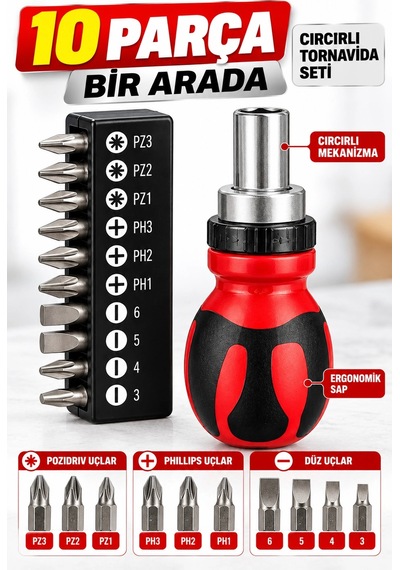 Eltaş 10 U 1 Arada Cırcırlı Tornavida Seti Değiştirilebilir Uçlu Ergonomik Tornavida