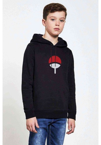 Tshirthane Uchiha Clan Baskılı Unisex Çocuk Kapüşonlu Siyah Sweatshirt Siyah