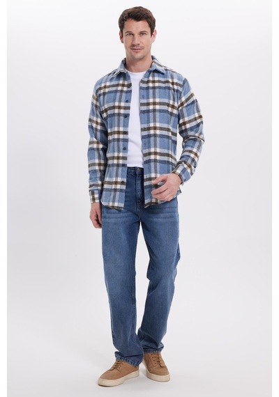 Tudors Erkek Slim Fit Dar Kesim Kareli Kışlık Oduncu Gömlek-42184 Mavi