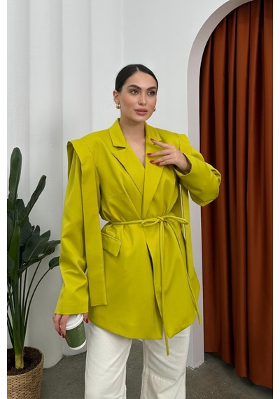 Msm Fashion Kadın Oversize Blazer Ceket Kuşaklı Omuz Detaylı Limon Yeşili Yeşil