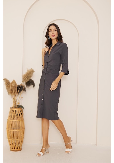Darlin Moda Antrasit Kısa Kollu Büzgülü Gömlek Elbise Dm1039 Antrasit