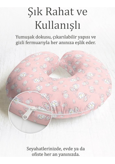 Kelebek Desenli Pamuklu Boyun Yastığı - Pastel Pembe Çocuk & Yetişkin Seyahat Yastığı Soluk Yosunlu Gri