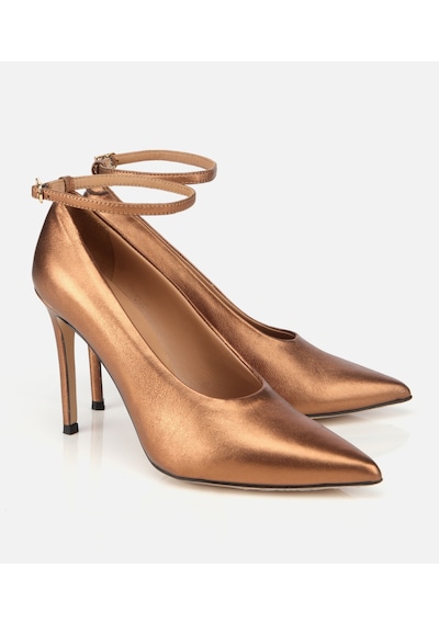 Hotiç Kadın Deri Siyah Bilekten Bağlamalı Gold Detaylı Yüksek Topuklu Stiletto