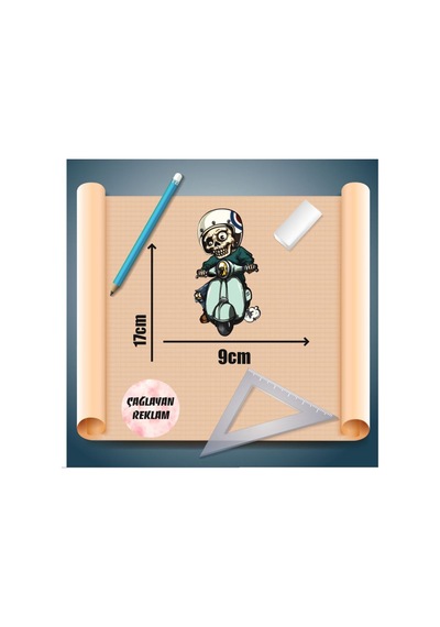 Scooter Kullanan Sevimli Iskelet Sticker Motor, Kask, Laptop, Araba Sticker 17x9cm