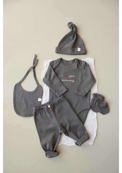 Oh Lala Koala Mom Nakışlı 5li Uzun Kollu Yenidoğan Set Gri