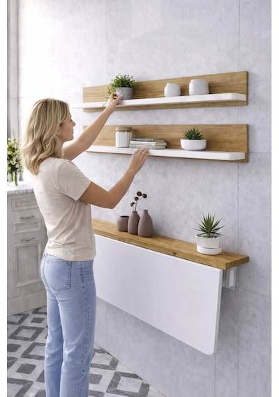 Duvara Monte Katlanır Masa & 2 Li Raf Seti Beyaz Çam 60x110 Cm Beyaz - Çam