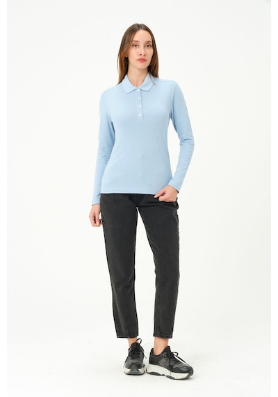 Msw Kadın Uzun Kollu Regular Fit Polo Yaka T-shirt Açık Mavi