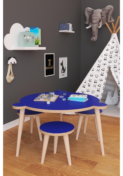 Yuvarlak Yaz Sil Yüzey Çocuk Masa Sandalye Takımı 1 Aktivite Oyun Masası 3 Sandalye - Mavi