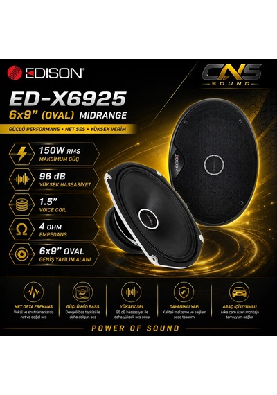Edison Ed-x6925 6x9 Oval Midrange Hoparlör 150w Rms 600w Max 96db 1.5" Voice Coil 4 Ohm