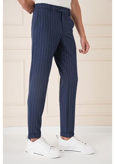 Efor Comfort Fit Çizgili Gofre Kumaş Esnek Lacivert Pamuk Pantolon P 1157 Lacivert