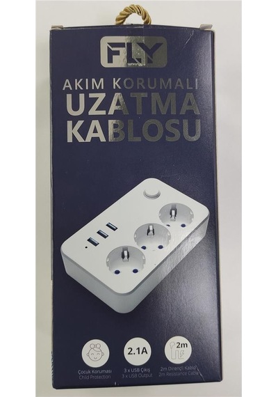 Fly 3406-01 3lü Anahtarlı 2.1a 3usb Şarj Çıkışı 2mt Anahtarlı Akım Korumalı Priz Çocuk Koruması