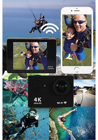 4k Wifi Aksiyon Kamerası 16 Mp 170 Geniş Açı 30m Su Geçirmez 18 Aparatlı Spor Kamera Siyah