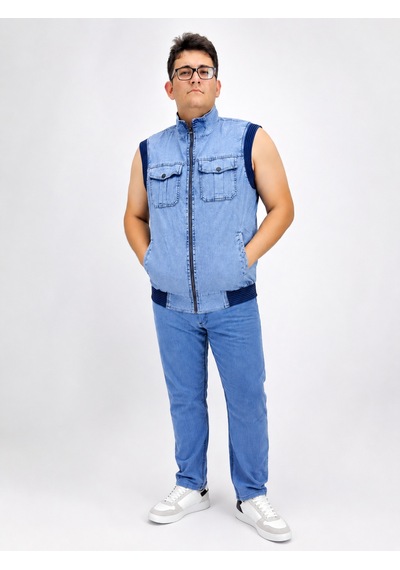 Büyük Beden Denim Dik Yaka Fermuarlı Cepli Bomber Erkek Yelek Mavi