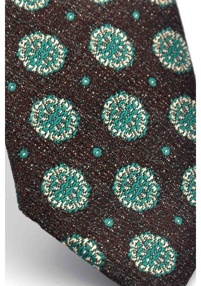 Gaffy Yeşil Bej Yuvarlak Desenli Kahverengi Dokuma Kumaş Mendilli Slim Fit Kravat // Sdk-250206 Kahverengi