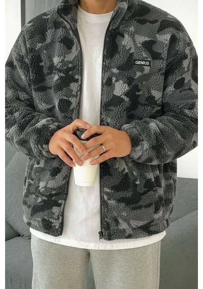 Genius Store Oversize Peluş Tam Fermuarlı Sweatshirt Peluş İçi Polarlı Sherpa Kumaş Sweatshirt Antrasit