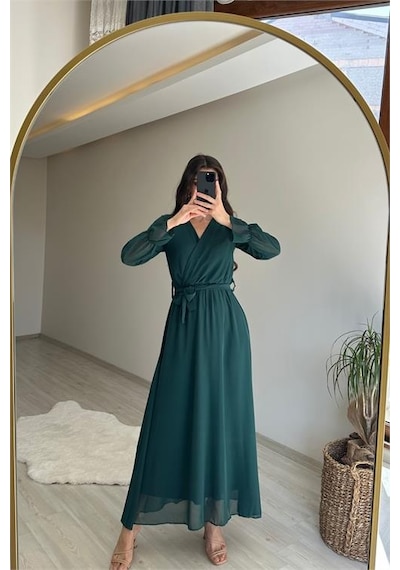 Neşeli Butik Kadın Uzun Kollu Kuşaklı Maxi Şifon Elbise Nm001 Yeşil