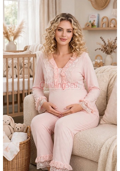 Lady Bebe Pembe Renkli Dantel Detaylı 33208 Uzun Kol 2 Parça Lohusa Hamile Pijama Takımı Açık Pembe