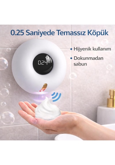 Coofbe Duvar Askılı Şarjlı 280ml Otomatik Sensörlü Sabunluk Ve Termometre Ekranlı Sensörlü Sabunluk Beyaz