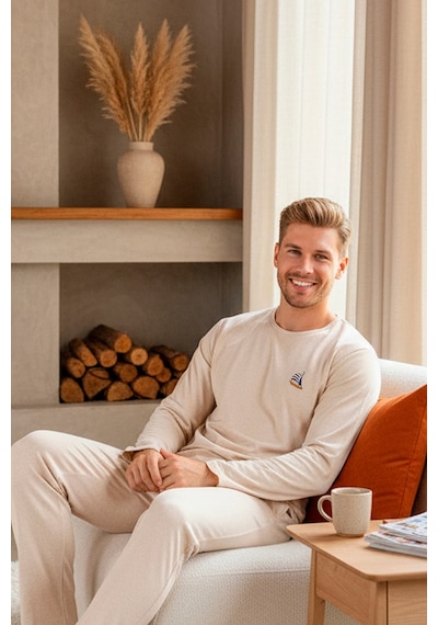 Rindahomewear Bej Uzun Kollu Nakışlı Örme Erkek Pijama Takımı Bej