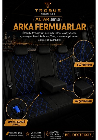 Opel Astra H 2004-2013 Uyumlu Altar Serisi Tay Tüyü Oto Koltuk Kılıfı Siyah Mavi